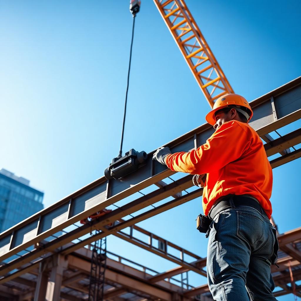 Ironworker guiding a structural steel beam into place